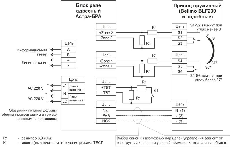 Подключение сп 4 220 к клапану Астра-БРА блок реле проводной адресный