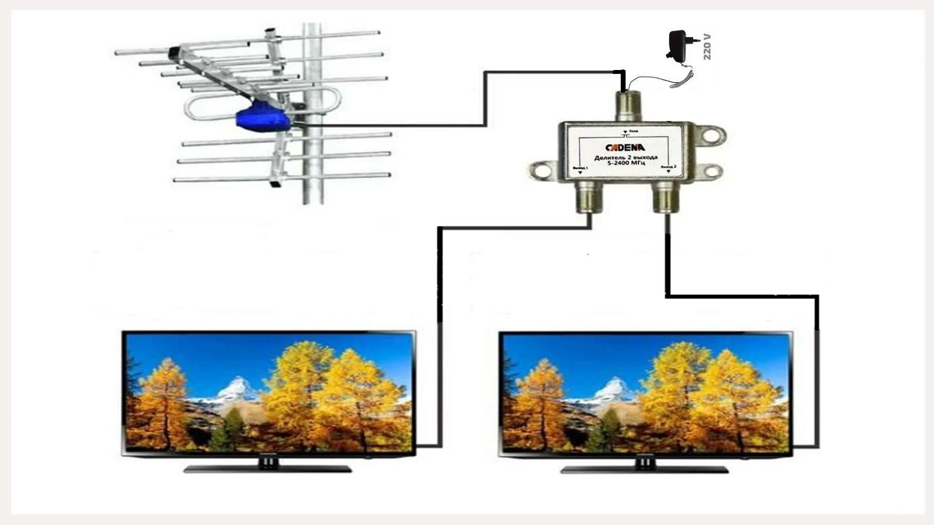 Подключение сплиттера на 2 телевизора Как подключить две антенны к одному телевизору фото - DelaDom.ru