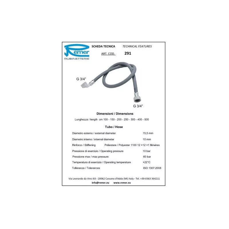 Подключение стиральной машины диаметр шланга Шланг наливной АСМ Remer RR291 4,0 метра - Sanremer