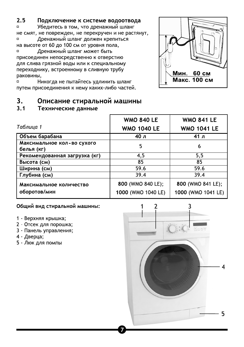 Подключение стиральных машин vestel 5 подключение к системе водоотвода, Описание стиральной машины, Технические данн