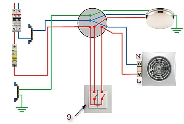 Подключение свет и вентилятор Как подключить вентилятор в ванной к выключателю - разбираемся со схемами