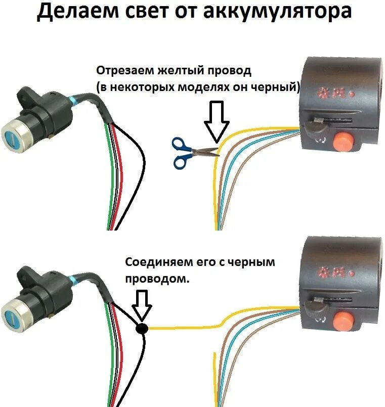 Подключение света на мопеде альфа без аккумулятора Irbis Virago 110cc 1. Свет стоит от генератора. Если перекинуть провод (в фаре) 