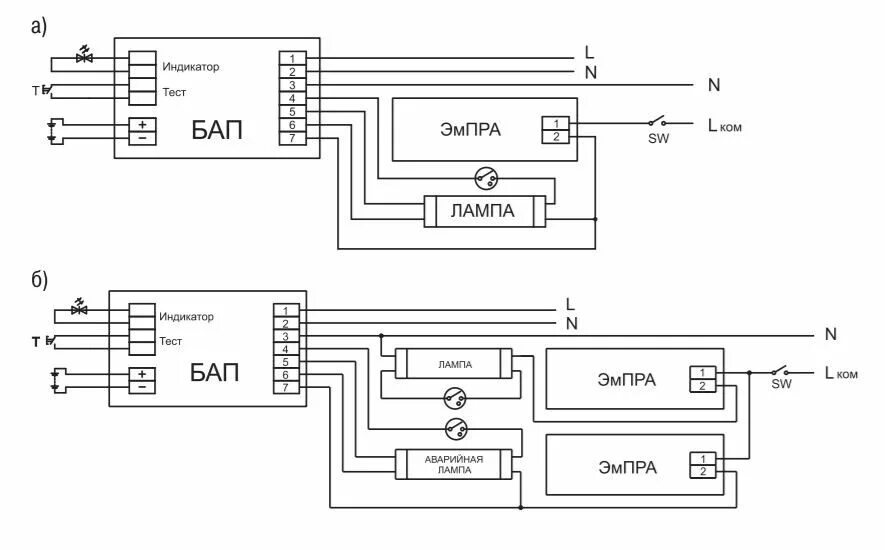Подключение светильников аварийным блоком Блок аварийного питания БАП58-1,0 для ЛЛ/КЛЛ IEK для люминесцентных светильников