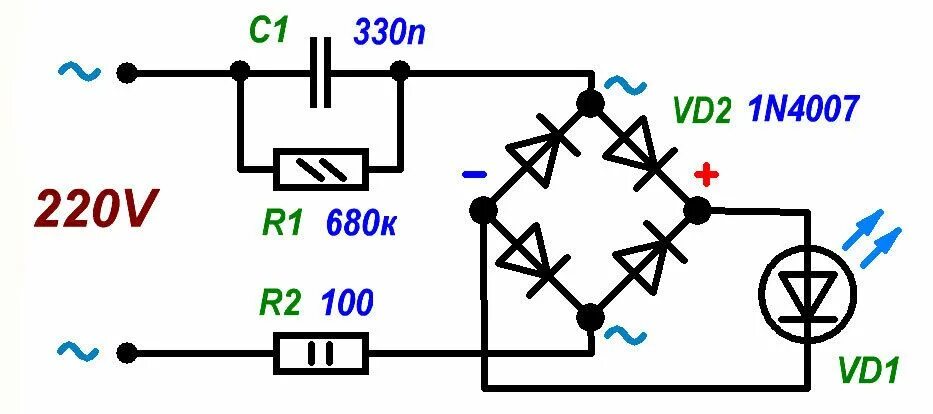Подключение светодиода к сети 220в схема Распространенные способы подключения светодиодов к сетевому напряжению 220 В, ва