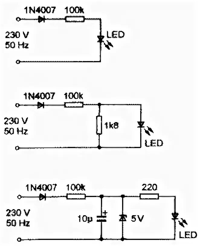 Подключение светодиода к сети 220в схема Схемы питания светодиодов от сети 220 В