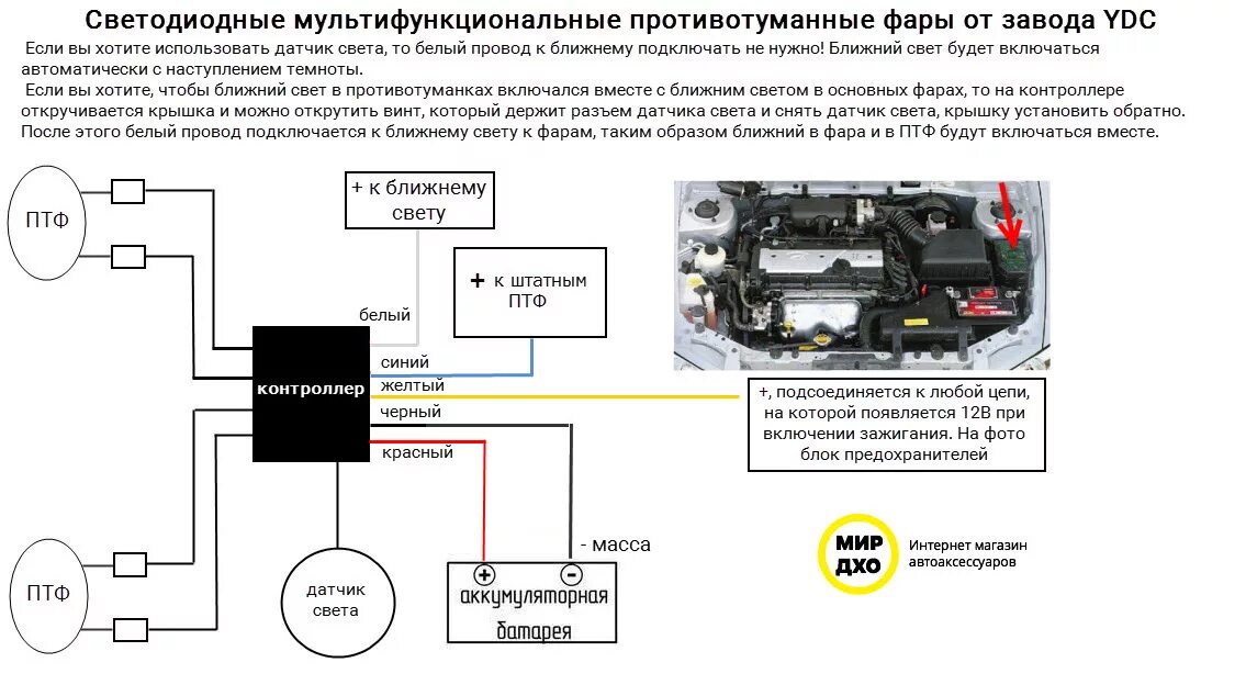 Подключение светодиодных противотуманных фар с 3 проводами Схемы подключения