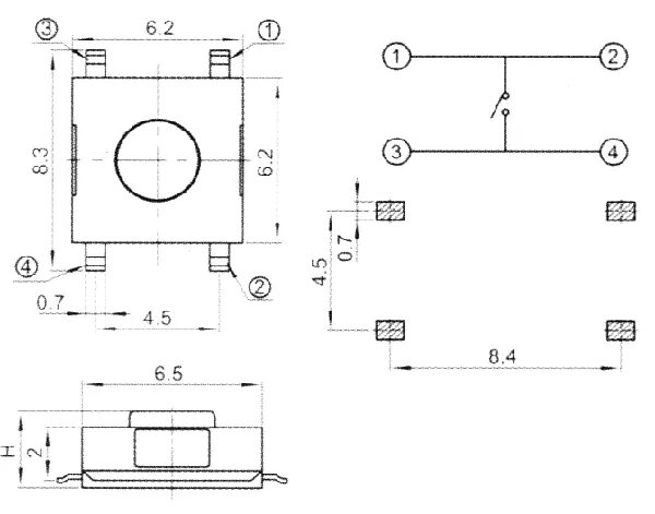 Подключение тактовой кнопки TVEM04 6.2x6.2mm tact switches SMD / E Series / Tact Switches / Bentex