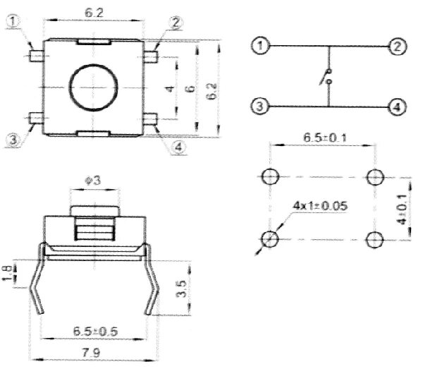 Подключение тактовой кнопки TVEP07 6.2x6.2mm tact switches DIP / E Series / Tact Switches / Bentex