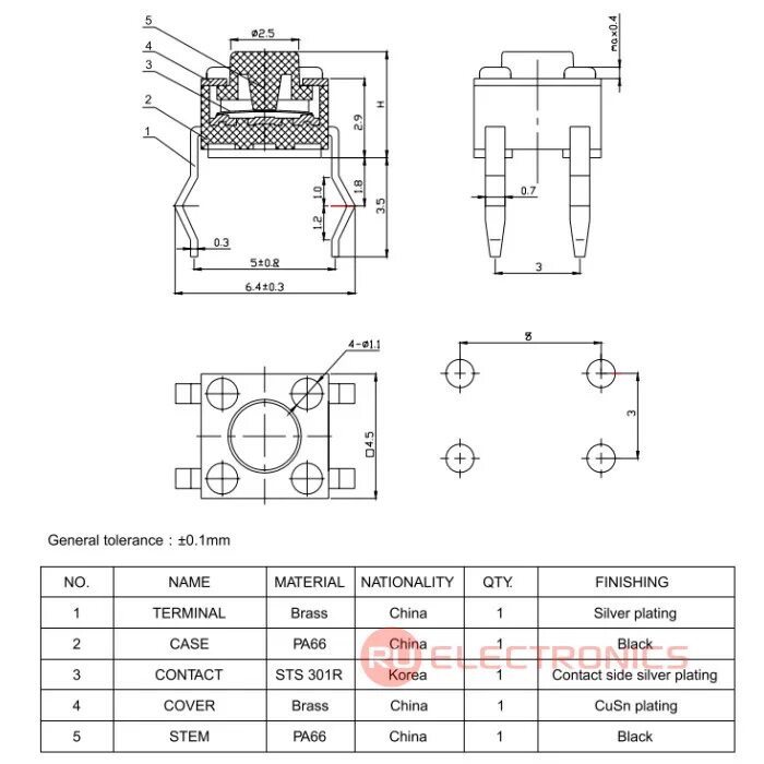 Подключение тактовой кнопки Тактовая кнопка RUICHI KAN4511-0381B, 4.5x4.5x3.8 мм. RUICHI арт: 58540. Купить 