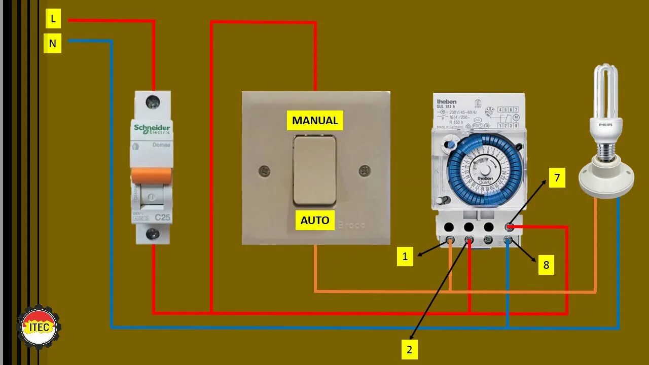 Подключение таймера света CARA INSTALASI TIMER THEBEN DENGAN DI LENGKAPI SAKLAR MANUAL - AUTO - YouTube