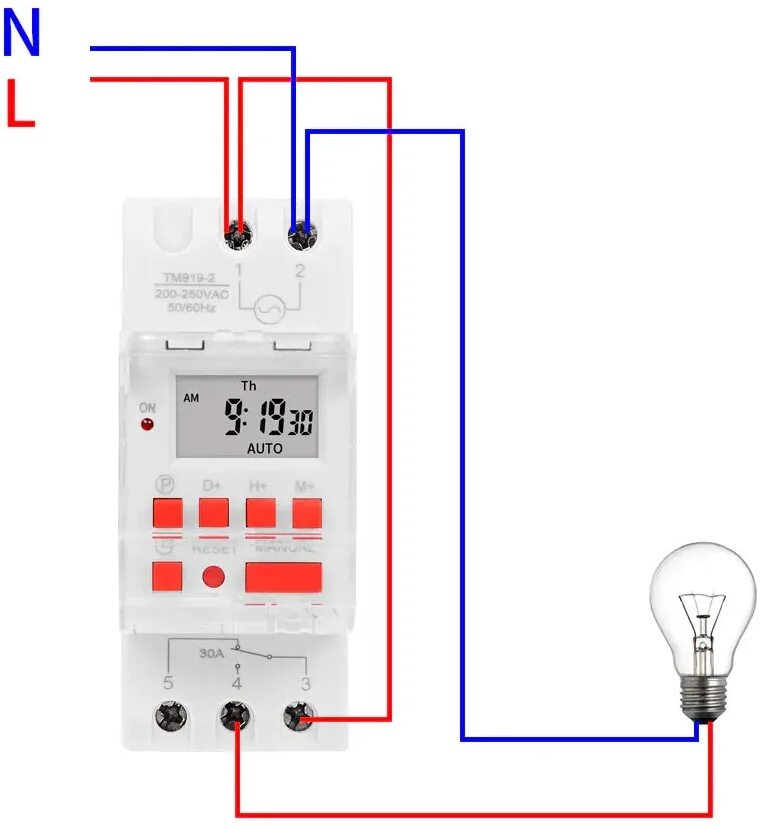 Подключение таймера времени на лампочку Электронный цифровой таймер включения / выключения по времени на din рейку TM919