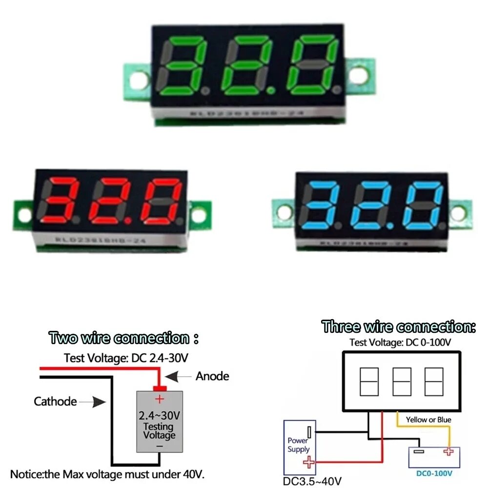 Подключение цифрового вольтметра с тремя проводами 0.28 Inch Red Blue Digital LED Mini Display Module DC2.5V-30V DC0-100V Voltmeter