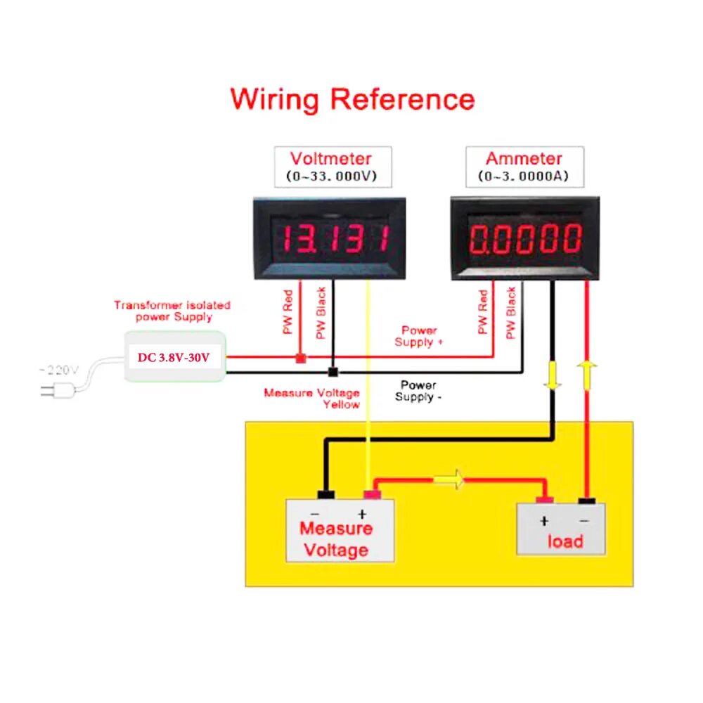 Подключение цифрового вольтметра с тремя проводами Wholesale 0,36 "5 dígitos DC 0-33.000V LED pantalla Digital voltímetro 3 cables 