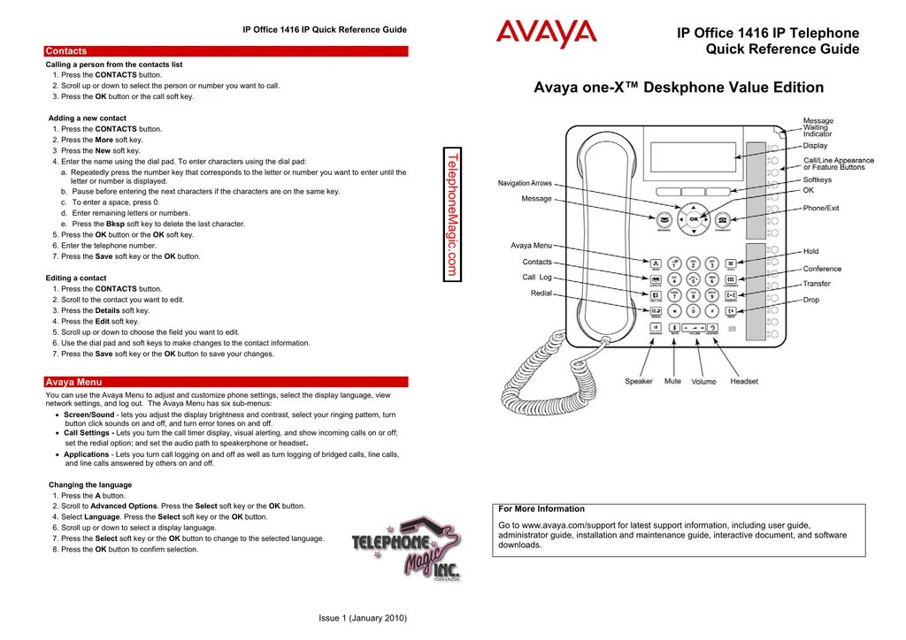 Подключение телефона avaya Avaya IP Office 1416 IP Quick Reference Guide Manualzz