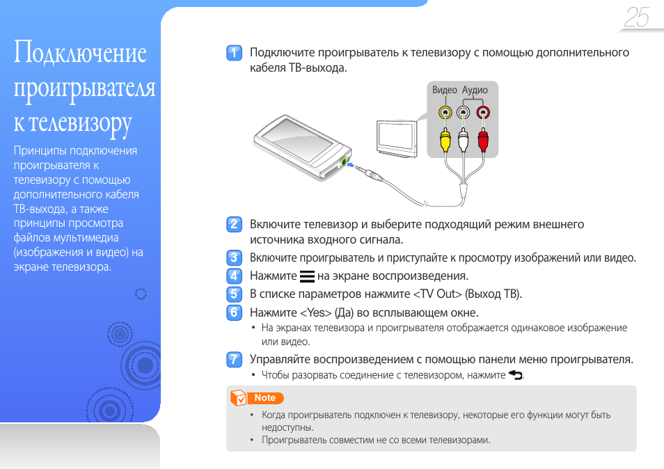 Подключение телефона к плееру Подключение проигрывателя к телевизору Инструкция по эксплуатации Samsung YP-R1A