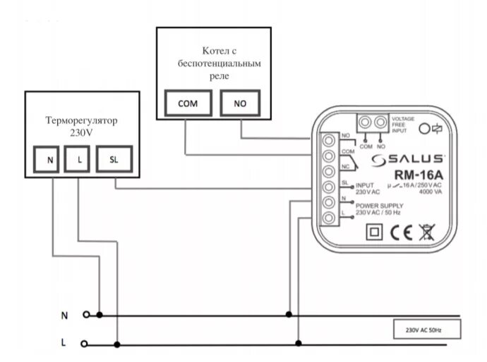 Подключение теплого реле Salus RM-16А модуль реле teploregulyator.ru