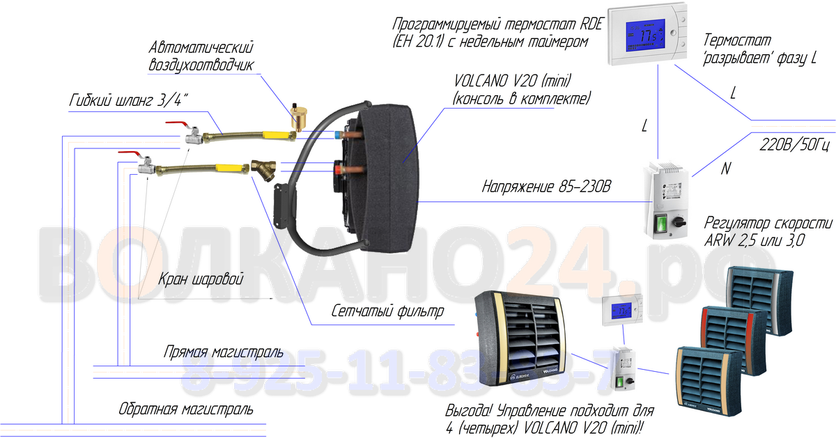 Подключение тепловых завес к системе отопления VOLCANO V20 (mini) + термостат RDE (EH 20.1) с недельным таймером + регулятор дл