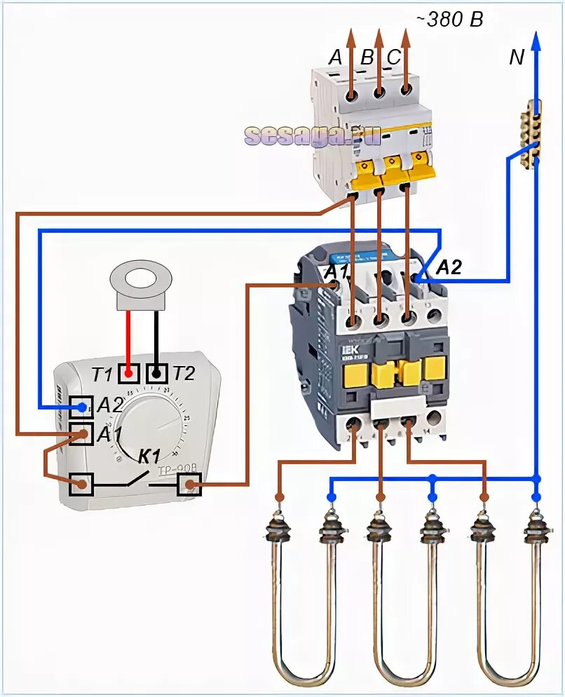 Подключение терморегулятора через пускатель схема Подключение ТЭНов