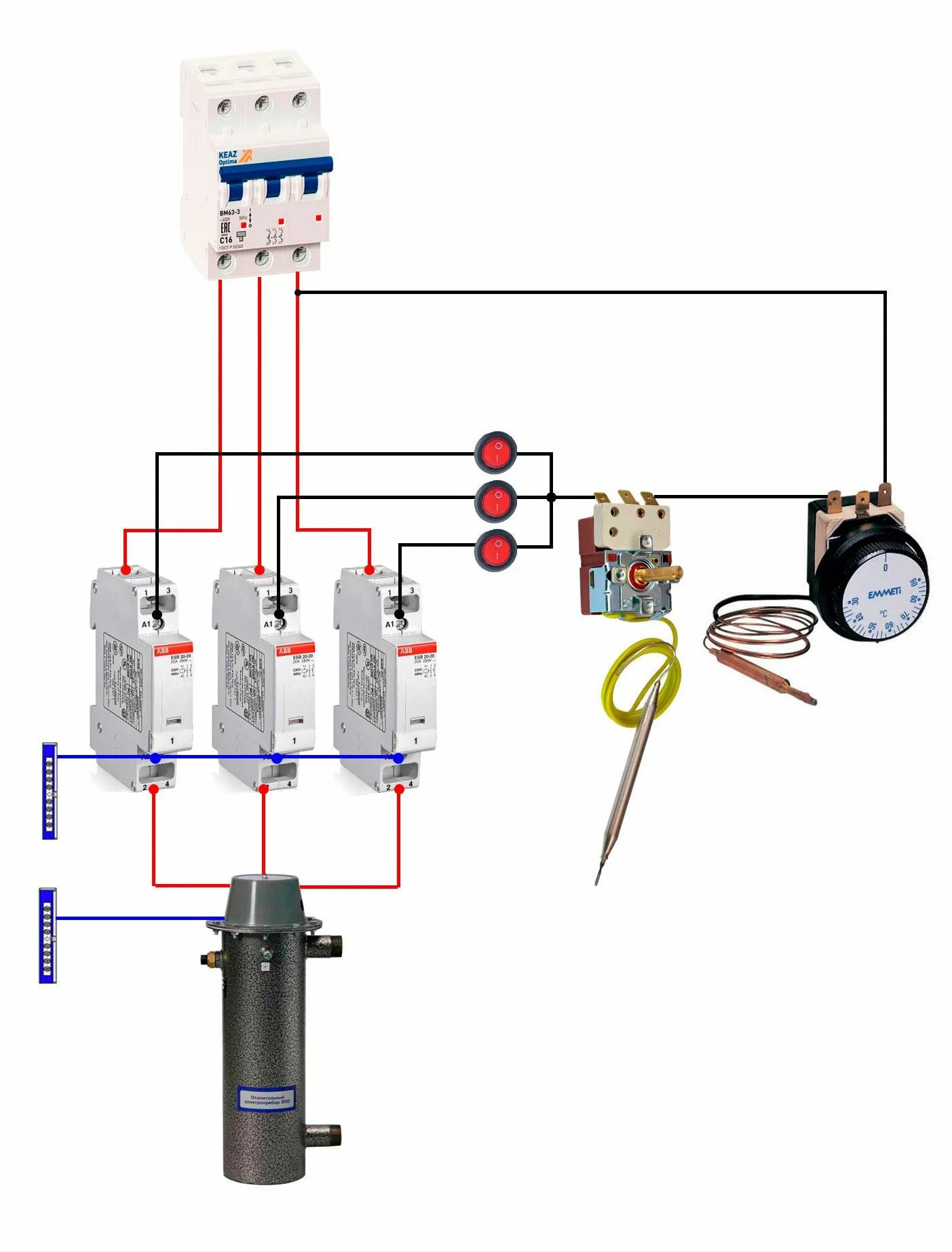 Подключение терморегулятора к электрокотлу отопления 380в Автоматика электрокотла - 3 схемы для "чайников". Как собрать и подключить.
