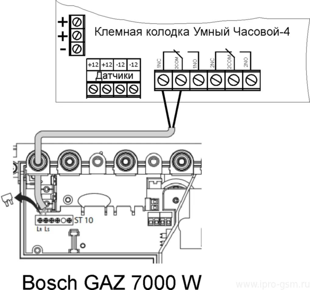 Подключение терморегулятора к газовому котлу бош 6000 Схемы подключения сигнализации Умный Часовой-4 к отопительным котлам