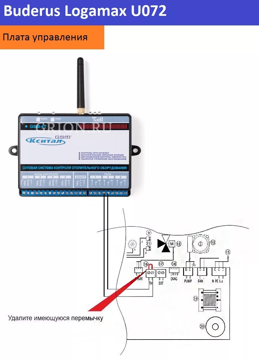 Подключение терморегулятора к газовому котлу будерус u072 Схема подключения котла Buderus Logamax U072 к модулю Кситал GSM