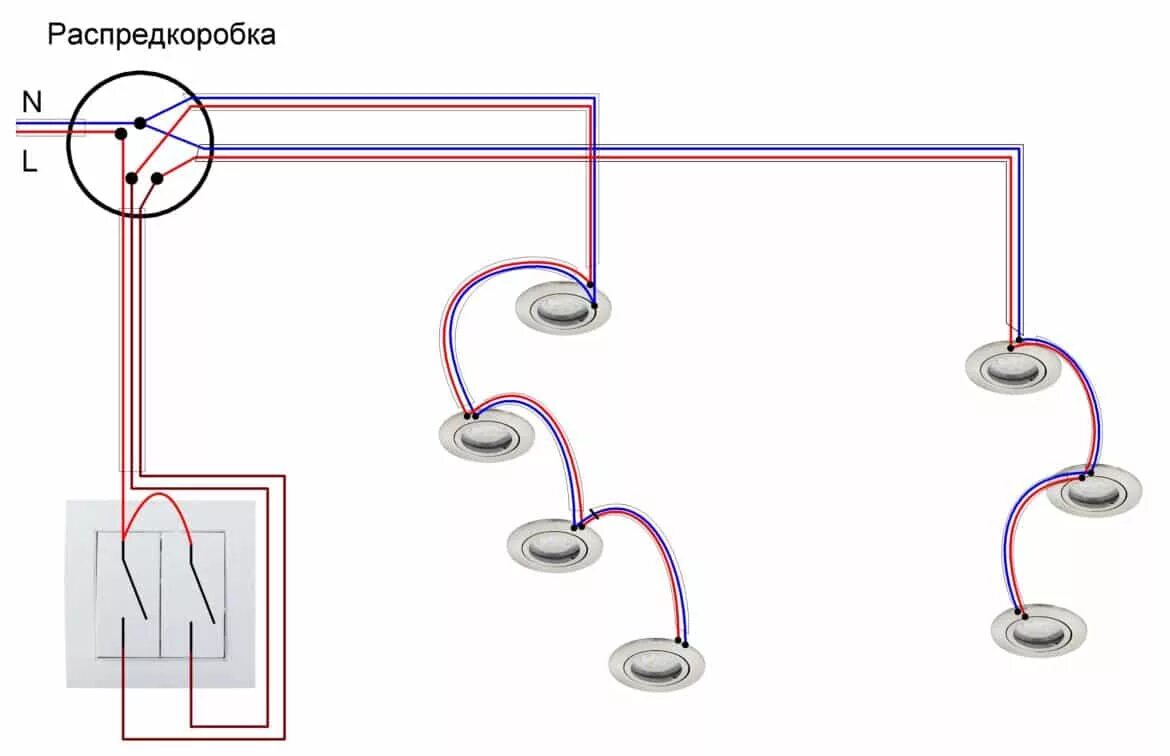 Подключение точечных светильников каким проводом Схема подключения двухклавишного выключателя: к люстре, к двум светильникам
