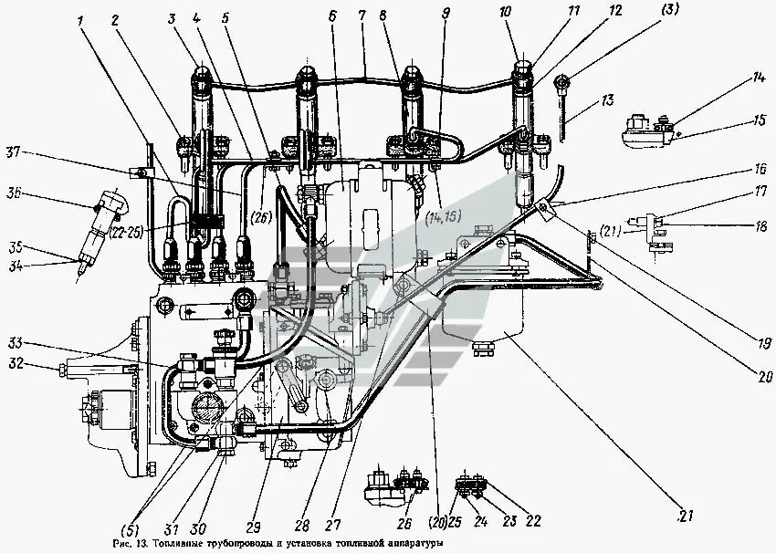 Подключение топливной системы мтз Топливные трубопроводы и установка топливной аппаратуры МТЗ-100 (Чертеж № 27: сп