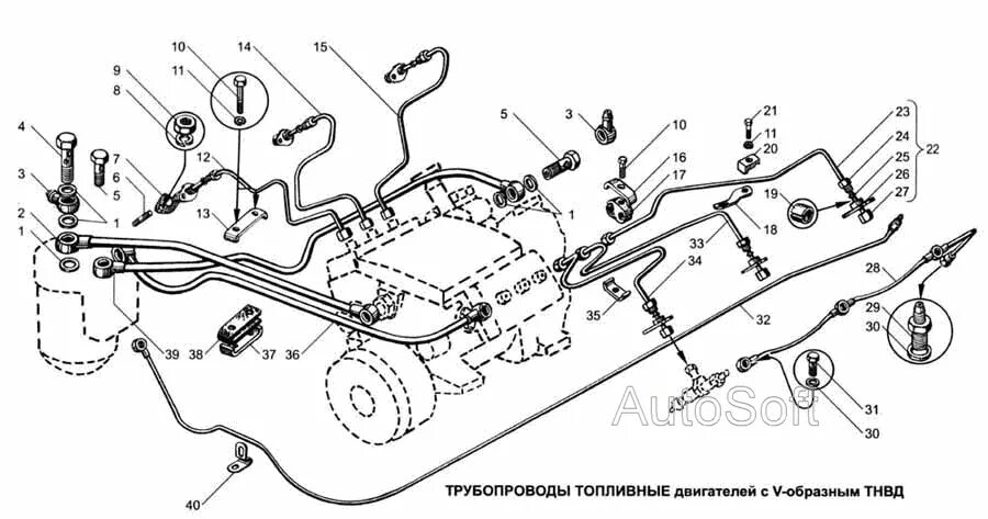 Подключение топливной системы на ямз 240 видео Трубопроводы топливные двигателей с V-образным ТНВД ЯМЗ-236 НЕ, 236 БЕ, 7601.10 
