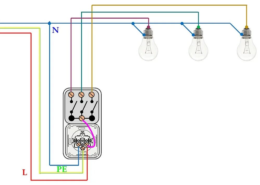 Подключение трехклавишного выключателя две лампочки Как правильно подключить трехклавишный выключатель с розеткой: инструкция, видео