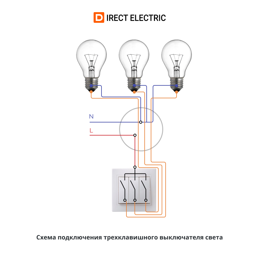 Подключение трехклавишного выключателя света Как подключить выключатель света - статьи компании "Директ Электрик"