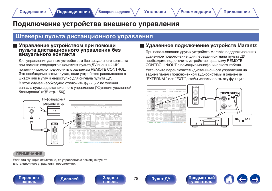 Подключение удаленное управление Подключение устройства внешнего управления, Штекеры пульта дистанционного управл