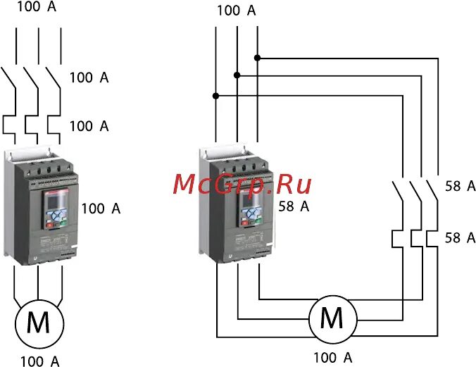 Подключение упп к двигателю ABB PSTX30-600-70 52/92 Способы подключения устройств плавного пуска