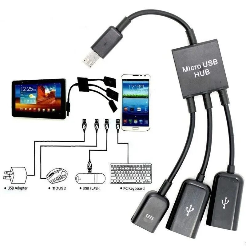 Подключение usb переходника к телефону Oem 3 В 1 Micro Usb-концентратор Папа-папа И Двойной Usb 2,0 Хост Otg Кабель-ада