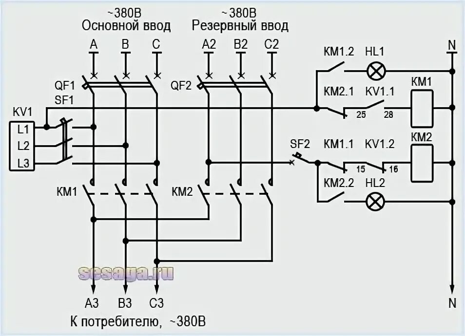 Подключение устройства автоматического ввода резерва Схема АВР на реле контроля фаз