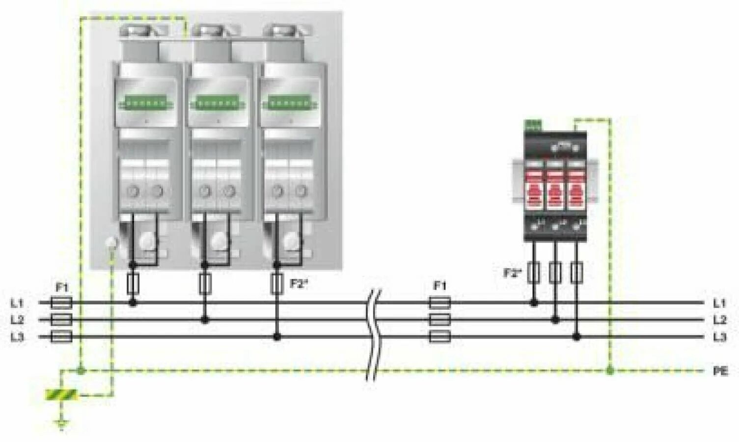 Подключение устройства перенапряжения PHOENIX CONTACT - PWT 100-800AC-FM Молниеотвод / разрядник для защиты от импульс