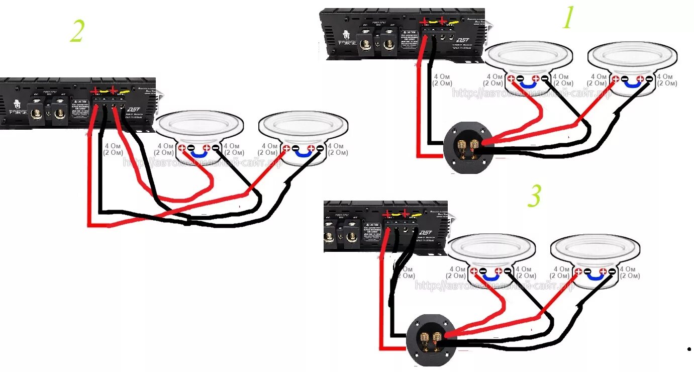 Подключение в 2 ома динамики к усилителю Ответы Mail.ru: Привет подскажите по фото правильное подключение 2х савуферов в 