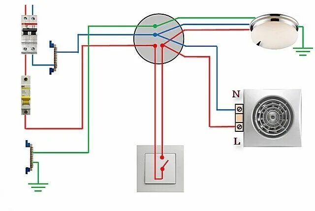 Подключение вентилятора через выключатель схема Подключение вытяжки в ванной к выключателю света: лучшие схемы и пошаговый инстр