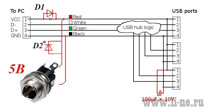 Подключение внешнего питания к usb устройству Активный USB "хаб" из пасивного Радиолюбитель - это просто