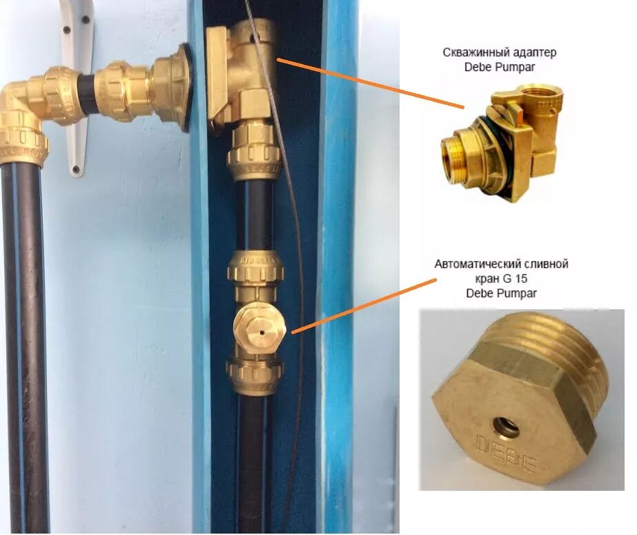 Подключение воды через адаптер Автоматический сливной клапан Debe G15 (Debe Pumpar Швеция)