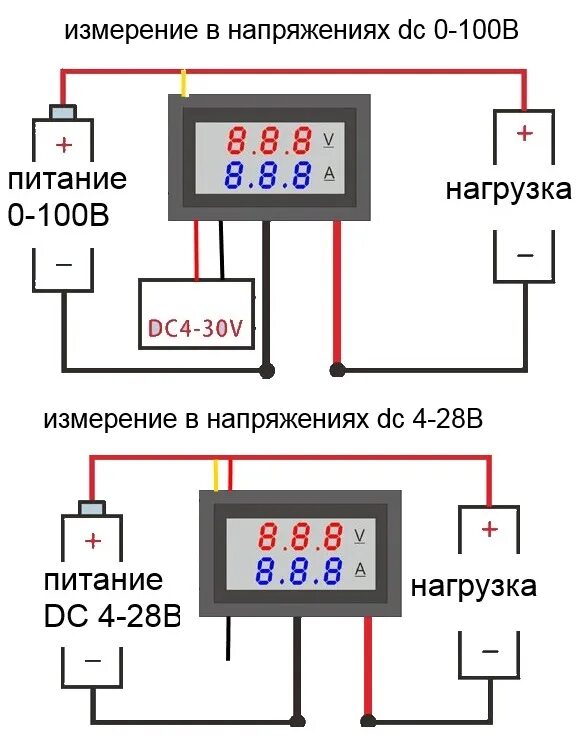 Подключение вольтметра газ Цифровой вольтамперметр DC вольтметр 0-100В, амперметр 0-10А за 422 ₽ купить в и