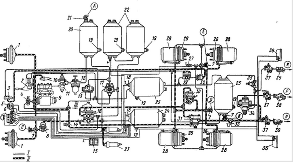 Подключение воздушной системы камаз 53229 ТОРМОЗНАЯ СИСТЕМА (схемы тормозов) / Руководство по ремонту и техническому обслу
