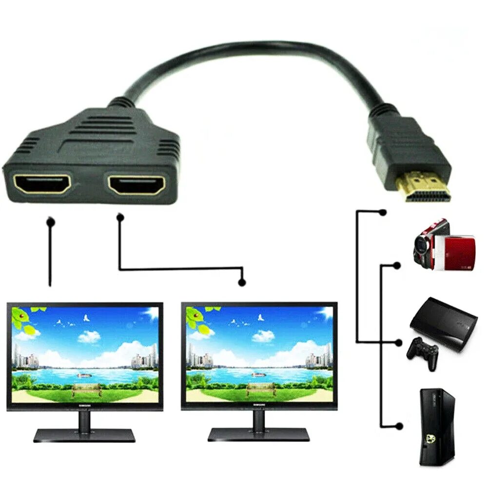 Подключение второго монитора к телевизору Кабель-разветвитель HDMI 1 штекер-Двойной HDMI 1,4 2 гнездовой адаптер 1In2 выхо