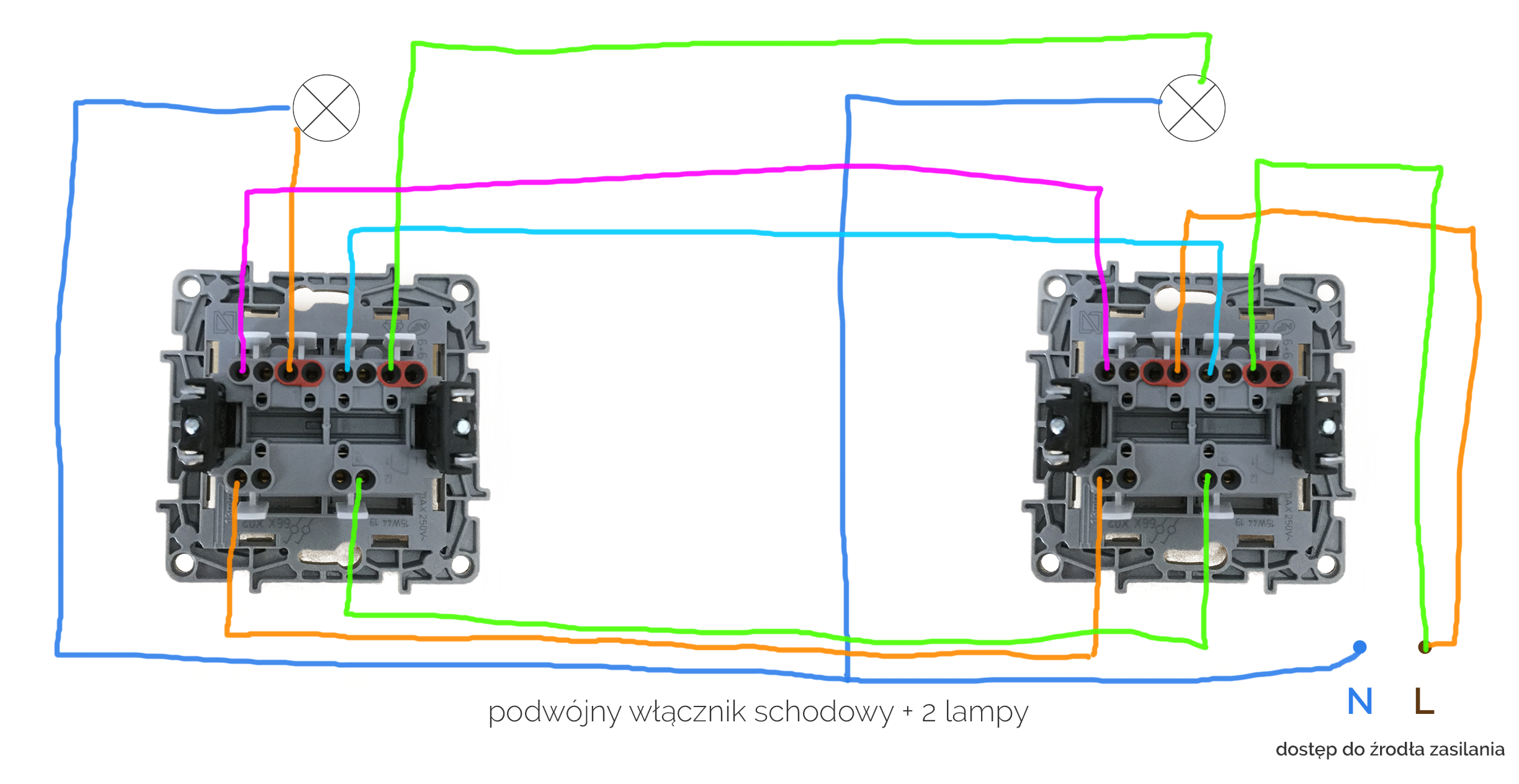 Подключение выключателя etika Schematic for Double Switch Legrand Stair Light Installation - Separate Lamp Con