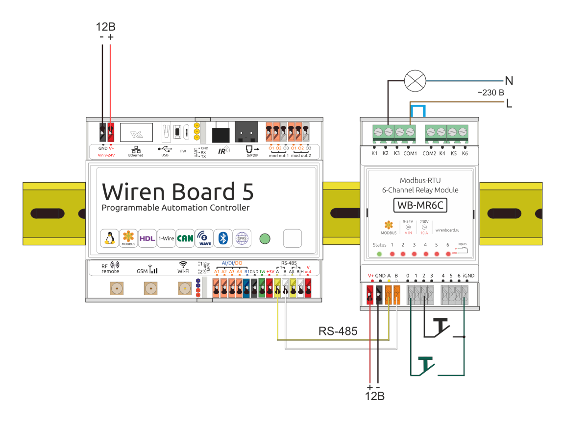 Подключение wiren board к 3 м фазам Файл:Installation WBMR6C + WB5.png - Wiren Board