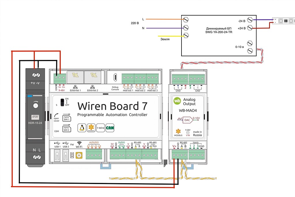 Подключение wiren board к 3 м фазам MAO4 - Схема подключения - Диммеры WB-MRGB-xxx - Wiren Board Support