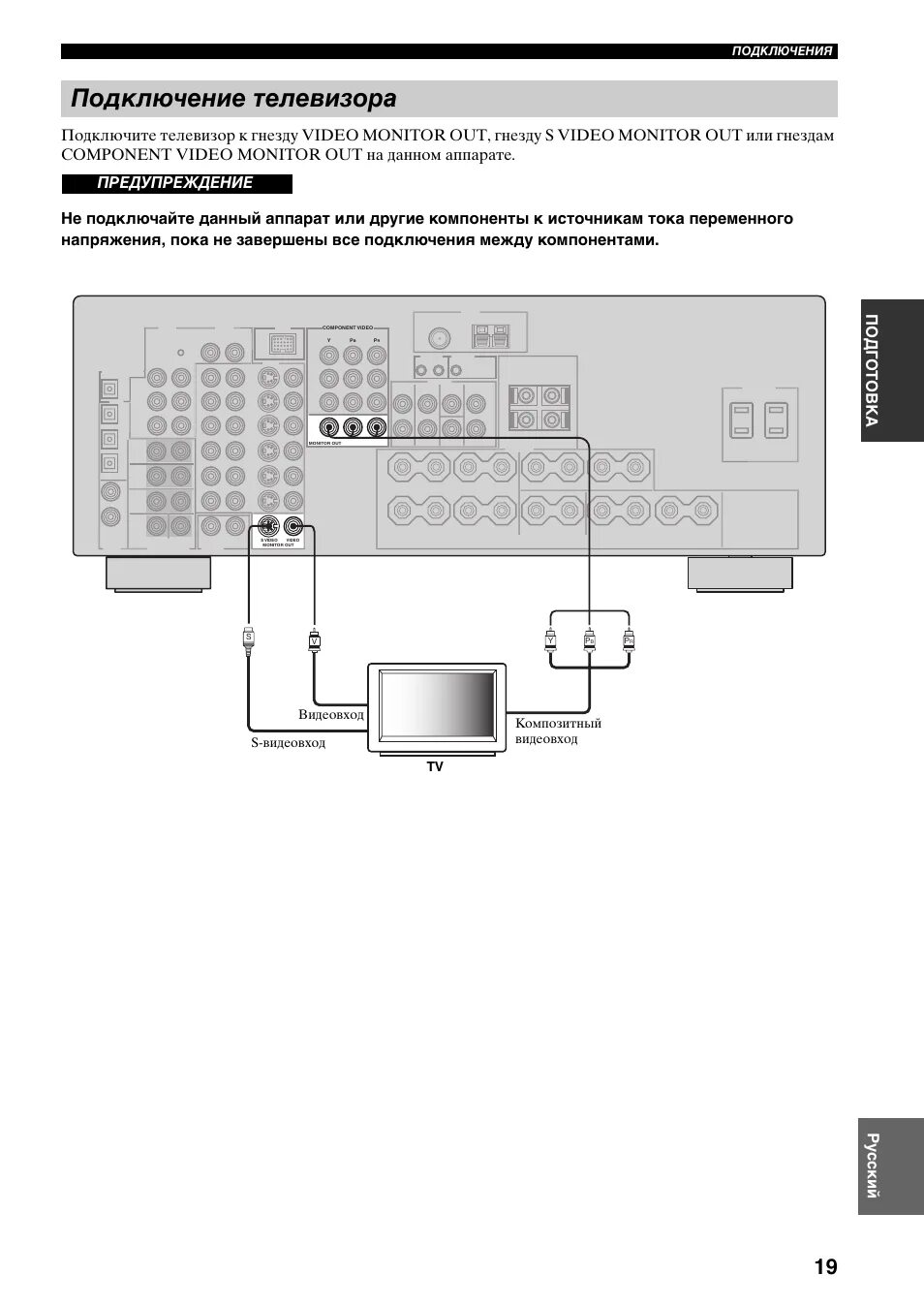 Подключение yamaha к телевизору Подключение телевизора, Предупреждение Инструкция по эксплуатации Yamaha RX-V659
