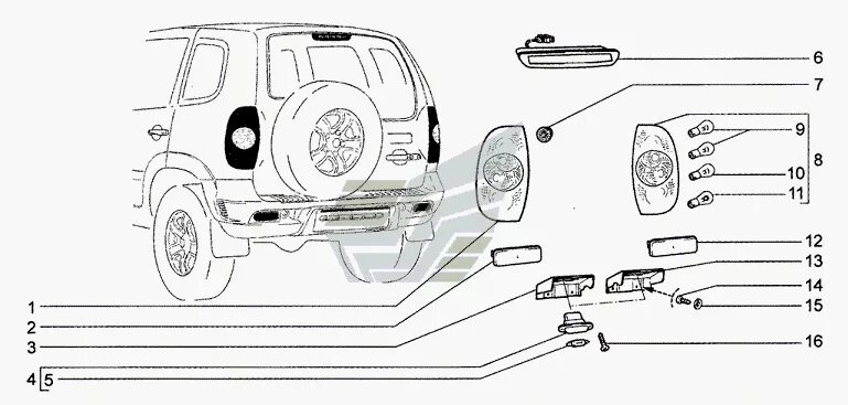 Подключение заднего фонаря нива шевроле Приборы световые задние (34, 55) Chevrolet Niva 1.7 (Чертеж № 203: список детале