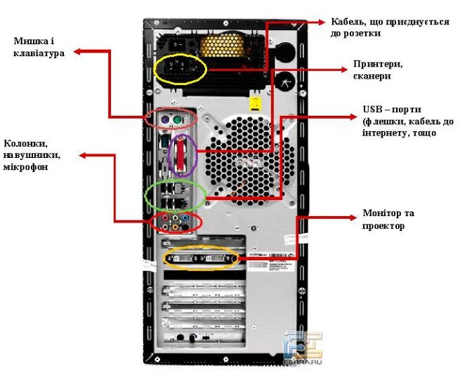 Подключение задней панели компьютера Зовнішні пристрої комп’ютера або пристрої введення, виведення інформації