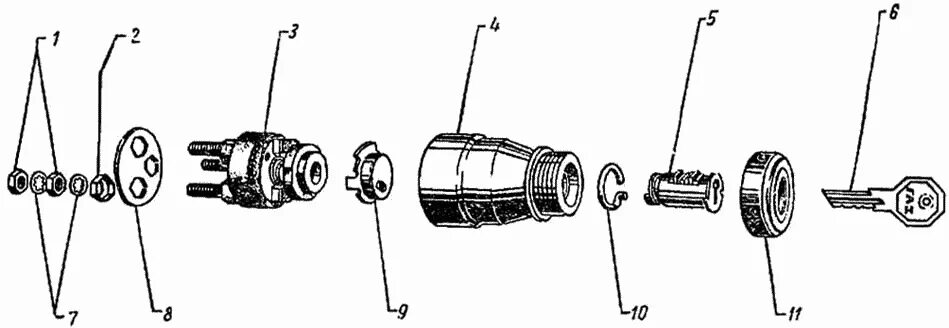 Подключение замка зажигания газ 66 Замок зажигания ГАЗ-51 (63, 63А) (Чертеж № 78: список деталей, стоимость запчаст