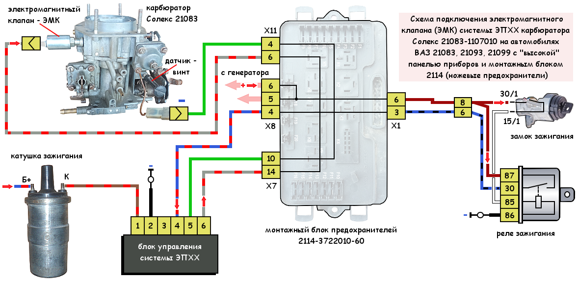 Подключение зажигания ваз 2109 карбюратор Схема подключения электромагнитного клапана (ЭМК) Солекс